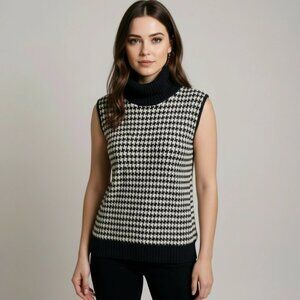 RALPH LAUREN Houndstooth Sleeveless Wool Angora Cashmere Turtleneck Sweater